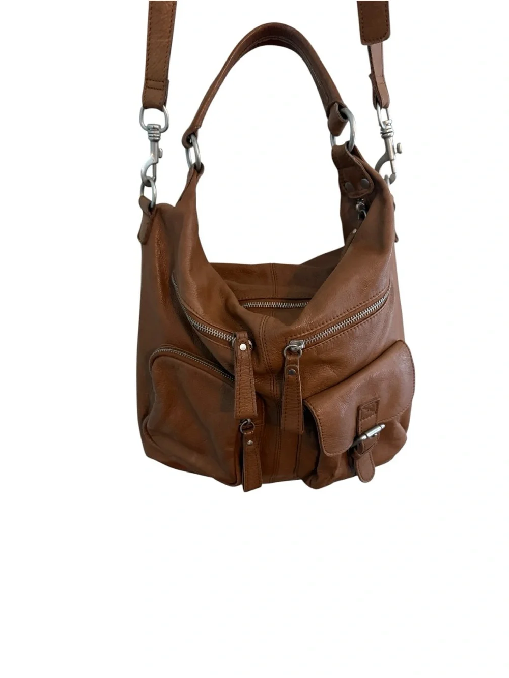 L.K. BERLIN Caramel Brown Leather Front Pockets Shoulder Bag